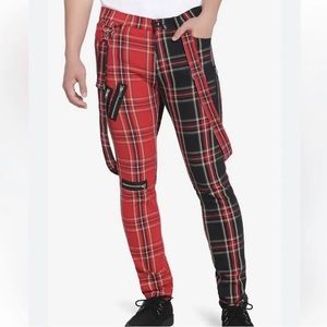 EUC- HOT TOPIC Tartan Plaid Split Leg Suspender Stinger Skinny Jeans